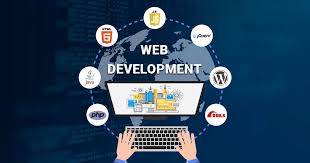 Professional website development layout on laptop showing responsive web design, coding interface, and modern business website structure